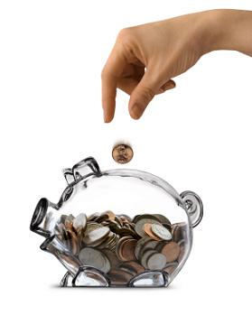Image of a piggy bank and a person saving money.