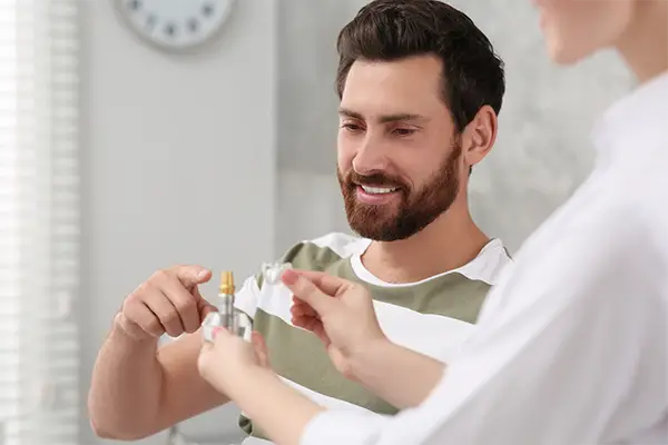 Dentist with an educational model of dental implants shares the benefits of implants with a patient at San Francisco Dental Arts in San Francisco, CA