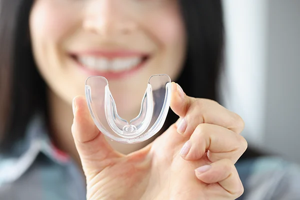 Close up of a simple mouthguard being held up by a woman at San Francisco Dental Arts in San Francisco, CA